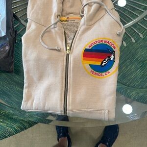 New with Tags Aviator Nation Beige Zip Hoodie with Color Stripe Patch